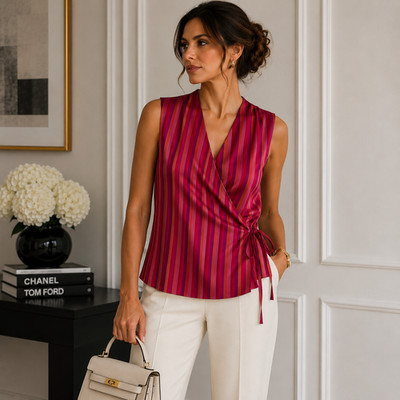 Vintage Alain Manoukian Silk Wrap Top 14 Pink Stripe Y2K Artwear Blouse