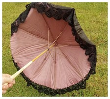 Antique Victorian Edwardian Ladies Silk Parasol Umbrella Carved Handle Lace