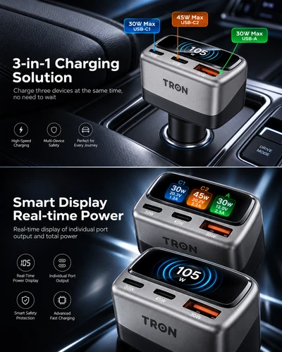TRON 105W 3-Port Car Charger with Smart TFT Display, USB-C & USB-A Fast Charging image 15