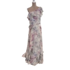 Morilee Floral One Shoulder Maxi Dress Ruffle Flutter Sleeve Watercolor Gown 14