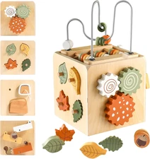 Wooden Activity Busy Cube Montessori Toys, 6-In-1 Activity Center Baby Bead Maze