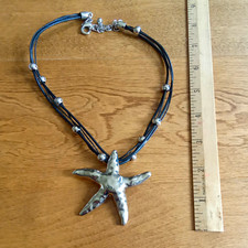 Silver Tone Starfish Charm Pendant Black Cord Necklace Lobster Clasp Adjustable
