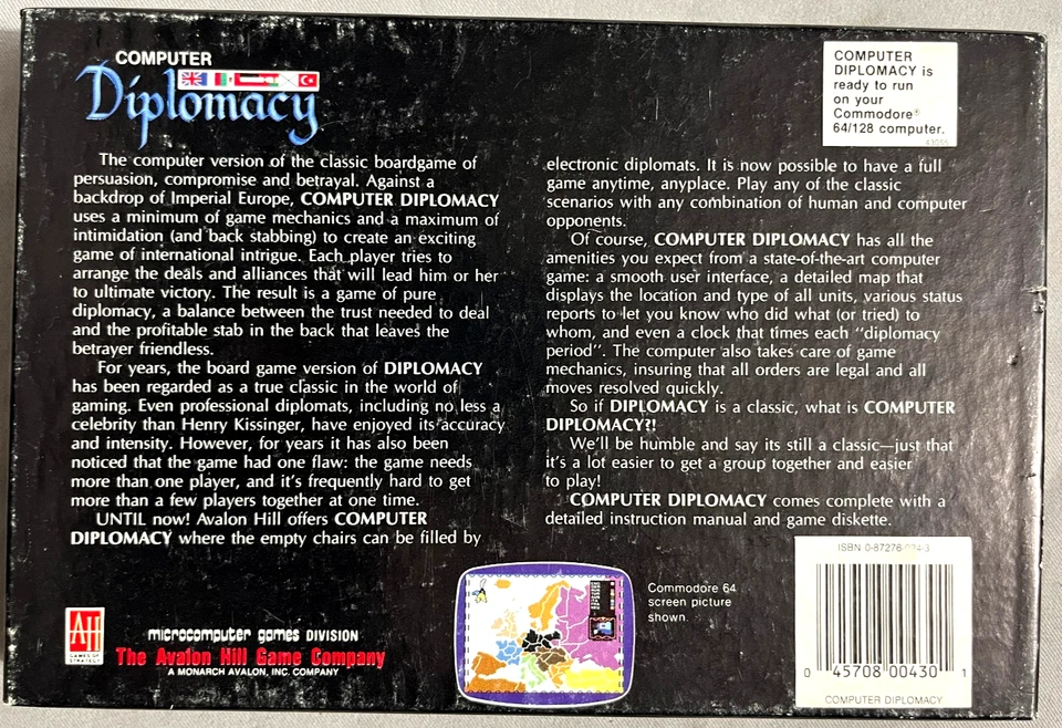 Commodore 64/128 Computer Diplomacy Game Avalon Hill Vintage 1991 Used/Tested - Image 2 of 4