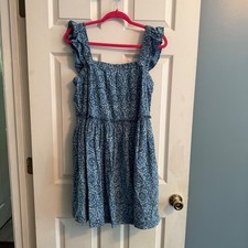 Madewell Women's Ruffle Strap Blue Print Mini Dress Size L Casual