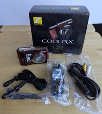 COOLPIX NIKON L20 Digital Camera Deep Red, 10mp, 3.6x Zoom, Box, Straps, Cables