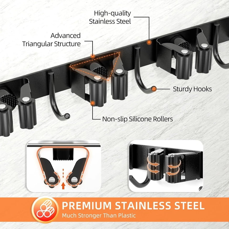 Paquete de 2 soportes para escoba de montaje en pared soporte para escoba mejorado fregona y escoba antideslizante H... Foto 2 de 3