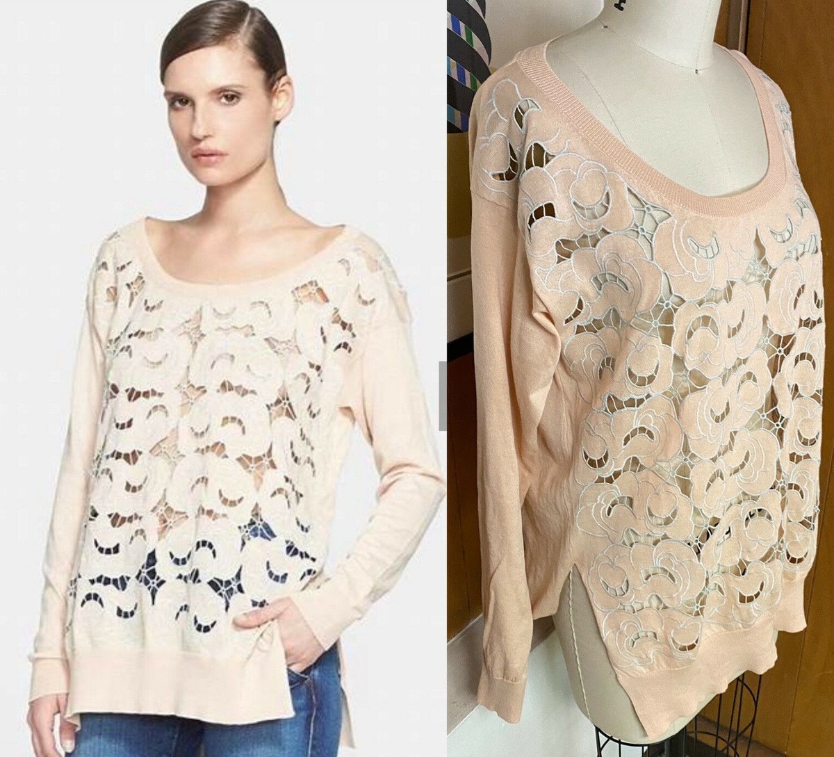 STELLA McCARTNEY Lace crochet embroidered front SWEATER 40 IT cotton knit  peach