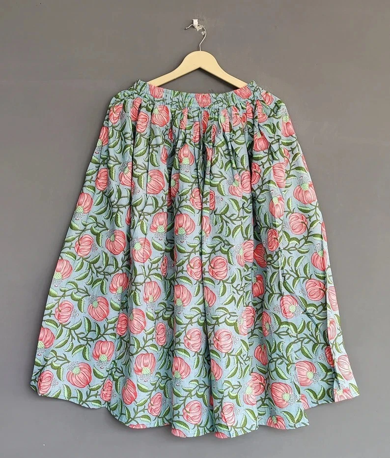 Indian 100%Cotton Gray Floral Skirt Women's Clothing Long skirt Beach skirt US