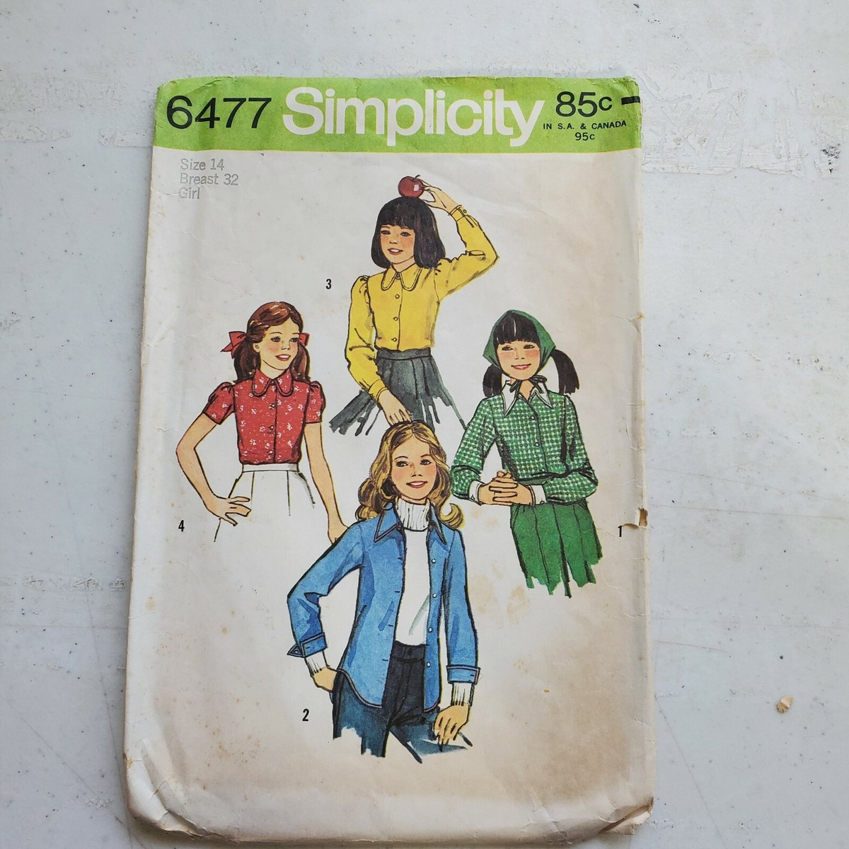 Simplicity Vtg Pattern 6477 Girls Tops Button Up Collared Sz 14