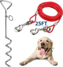 Chrome Dog Stake  Leash Lead Set - 25-Ft Cable, Stainless Steel Outdoor Tie-Out