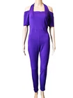 Vintage 80-90's BRIGHT PURPLE Off Shoulder Halter Neck JUMPSUIT Stretch Knit ~ L
