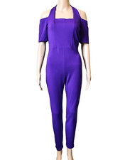 Vintage 80-90's BRIGHT PURPLE Off Shoulder Halter Neck JUMPSUIT Stretch Knit  L