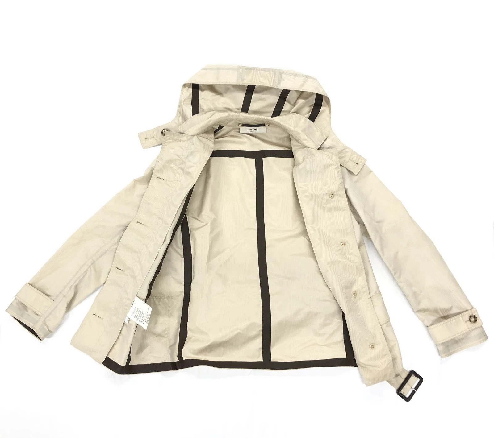 Giacca leggera PRADA donna beige seta nylon con cappuccio e cintura in vita