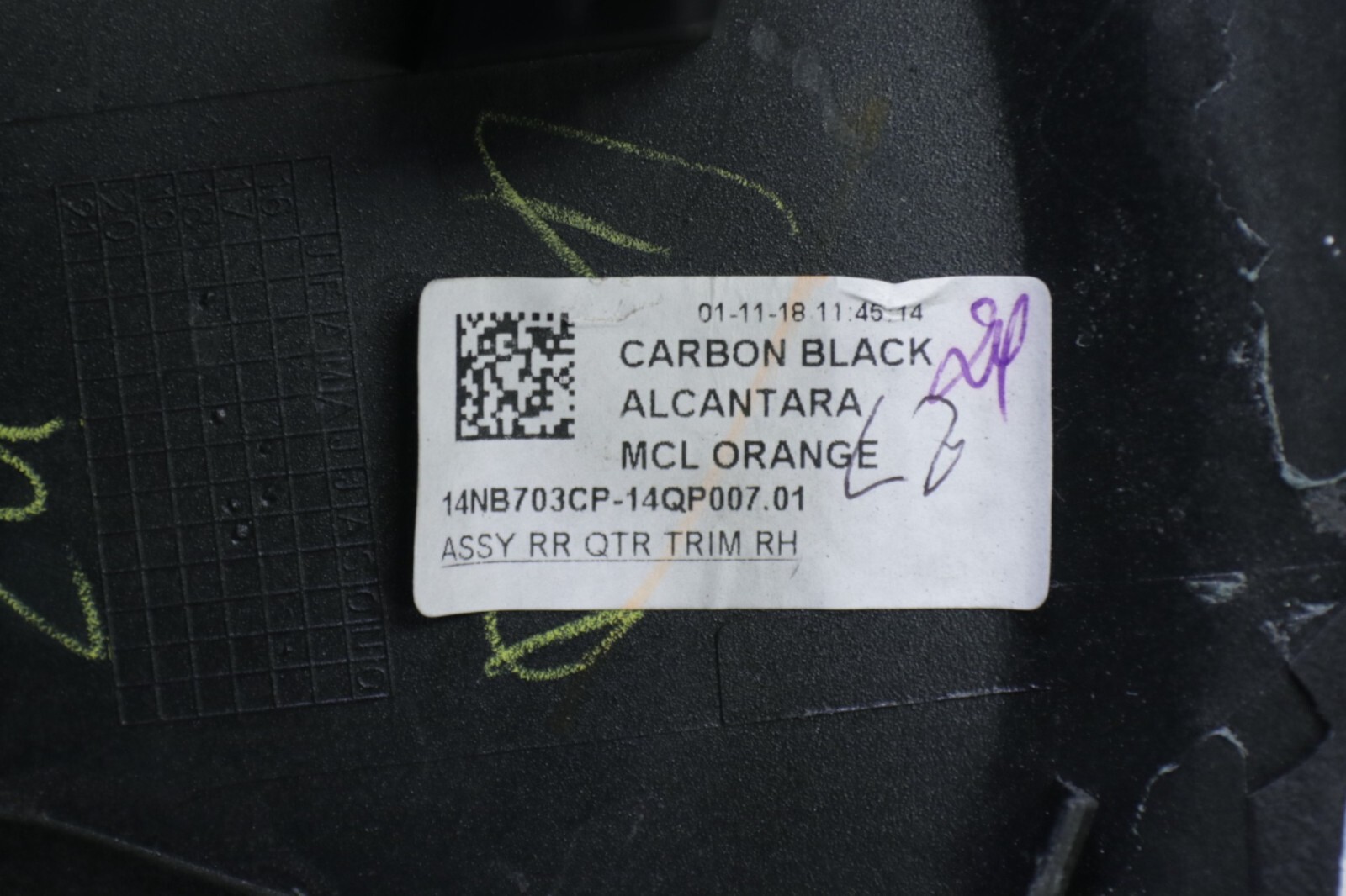McLaren 720S Coupe Rear Right Alcantara Pillar Trim Panel 2018 - 2023 OEM