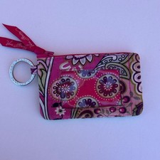 Vera Bradley Pink Purple Paisley Floral Zip ID Case Wallet Key Ring Card Holder
