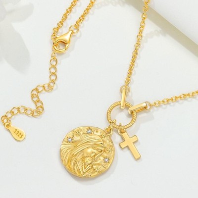 925 Sterlingsilber Jungfrau Maria Kreuz Halskette religiös Anhänger Geschenk UK