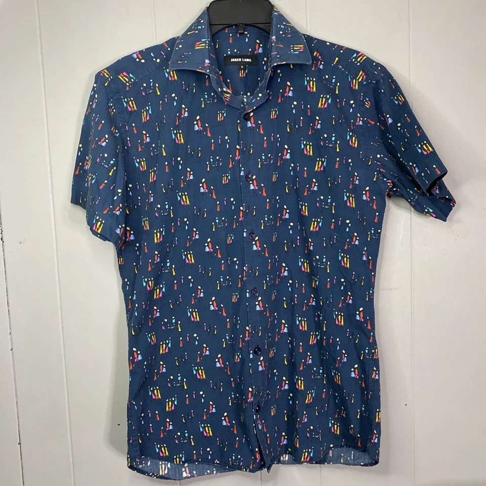 Jared Lang Mens Shirt Button Up AOP Stick People Family Small Light S 20x28 - Image 2 of 4