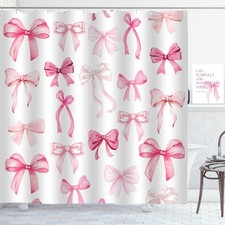 Pink Bow Shower Curtain 72x72 Inch, Cute Coquette Bowknot Bath Decor Hook Set