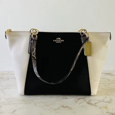 COACH Ava Black White Exotic Trim Leather Colorblock Tote Bag