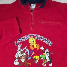 Warner Bros. Sweatshirt Mens XL Red Looney Tunes Embroidered Fleece 1/4 Zip Vtg