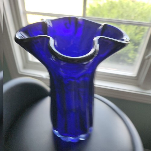 Vaso Vetro di Murano Collare Increspato Blu Cobalto 11" Fazzoletto Vintage Qualità Pesante - Foto 14 di 19