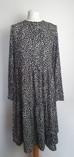 BOOHOO Ladies UK10 Black/Cream Spotted Long Sleeve Tiered Shift Dress 