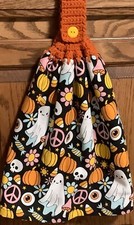 Double hanging Kitchen towel Halloween Ghosts flowers crocheted Black top