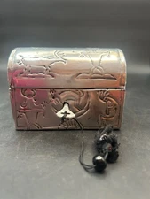 Vintage Native American Petroglyphs Punched Tin Locking Trinket Box w/ Key Stash