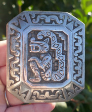 Vintage Signed Peruvian 90 Silver Artist Made Belt Buckle - 90.5 Grams