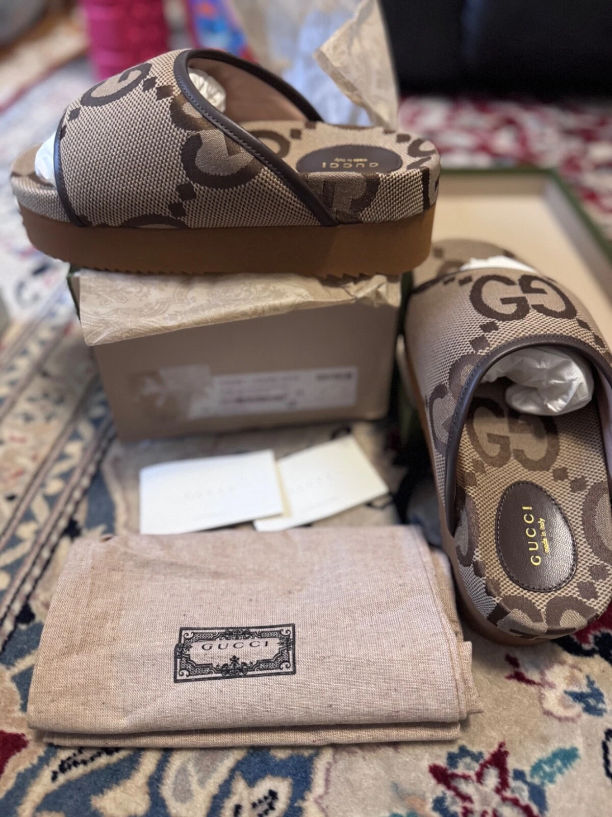 GUCCI JUMBO GG PANTOUFLES TOILE NAPPA SAM CAMEL ÉBÈNE TAILLE EURO 38 taille 7,5 femme
