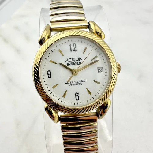 Vtg Acqua Timex Watch Women 25mm Gold Tone Date NO Indiglo Stretch, New Battery