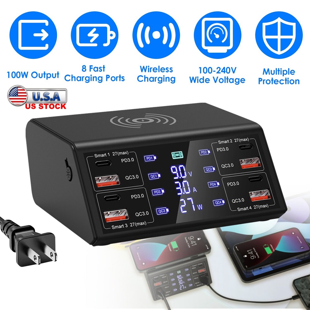 8 Port USB Charger Fast Charging Station with Wireless Charger Fit for iPhone