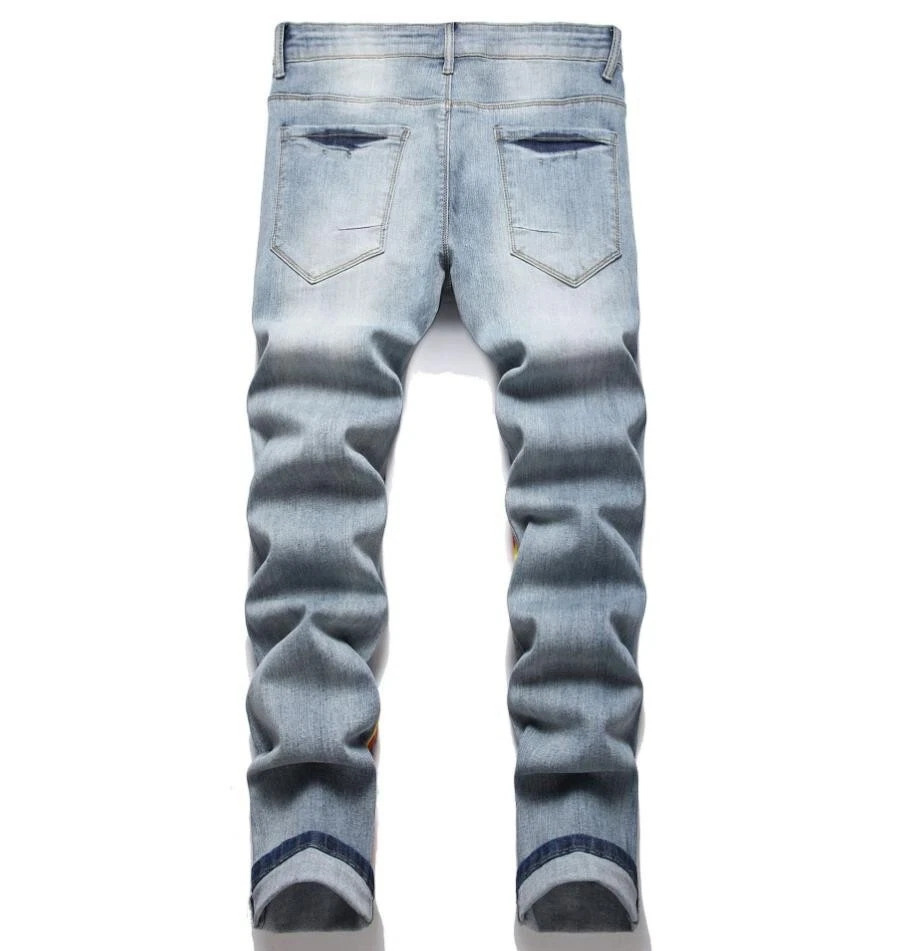 Men's Gray Blue Denim Jeans Skull Printed Ripped Punk Hip Hop Pants Trousers New - Image 2 of 4