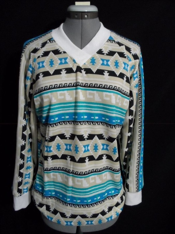 New Aztec Southwestern Jersey knit V-neck sweater top M Turquoise Black Tunic LS