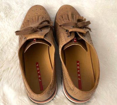 Prada Men\'s Platform Kiltie Wingtip Derby Sneaker, Tan Brown, Size 7.5 PRADA Man Shoes Tan Brown Wingtip Kiltie Derby Platform Lace  main image 4