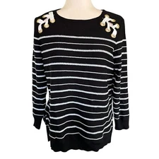 Ming Wang Women's Sweater Black White Stripes Lace Detail Petite Small