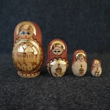 Russian Wood Nesting Dolls Wood Carved Stained Metallic 4 Piece Vintage