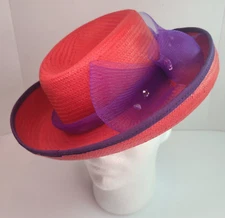 Fancy Red Hat Society Hat Kathy Jeanne Purple Bow Gem Stones Tea Party Gala