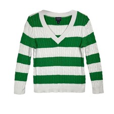 Vintage Chaps Cable Knit Sweater V Neck Size XL Striped Preppy Heritage Academia