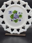 Vintage Kemple Milk Glass Reticulated Edge 7" Plate Hand Painted Purple Violets