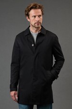 Maine Mens Rain Coat Smart Black Cotton Polyester Jacket Button Up Mid Length