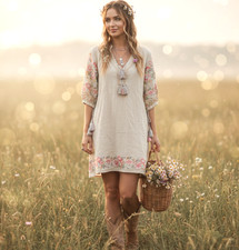 Boho Embroidered Cotton Tunic Mini Dress Cream Pockets M (Runs Small)