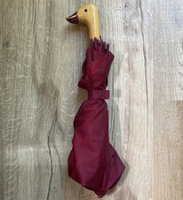 Vintage Duck Head Handle Umbrella Carved Wood Burgundy Fabric Rare Collectible