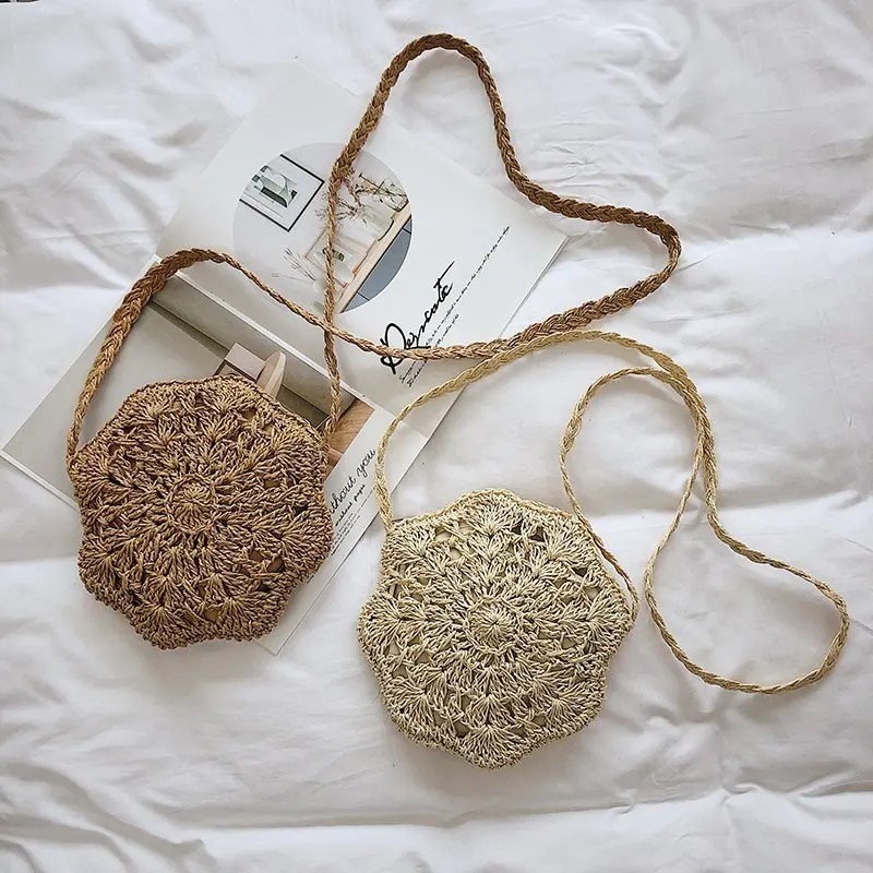 Round Straw Crossbody Bag Women Woven Rattan Beach Purse Summer Handbag