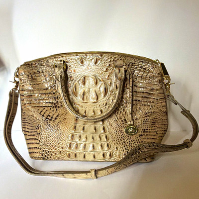 Brahmin Beige Embossed Animal Print Satchel Top Handle Zip Detachable Strap Dust