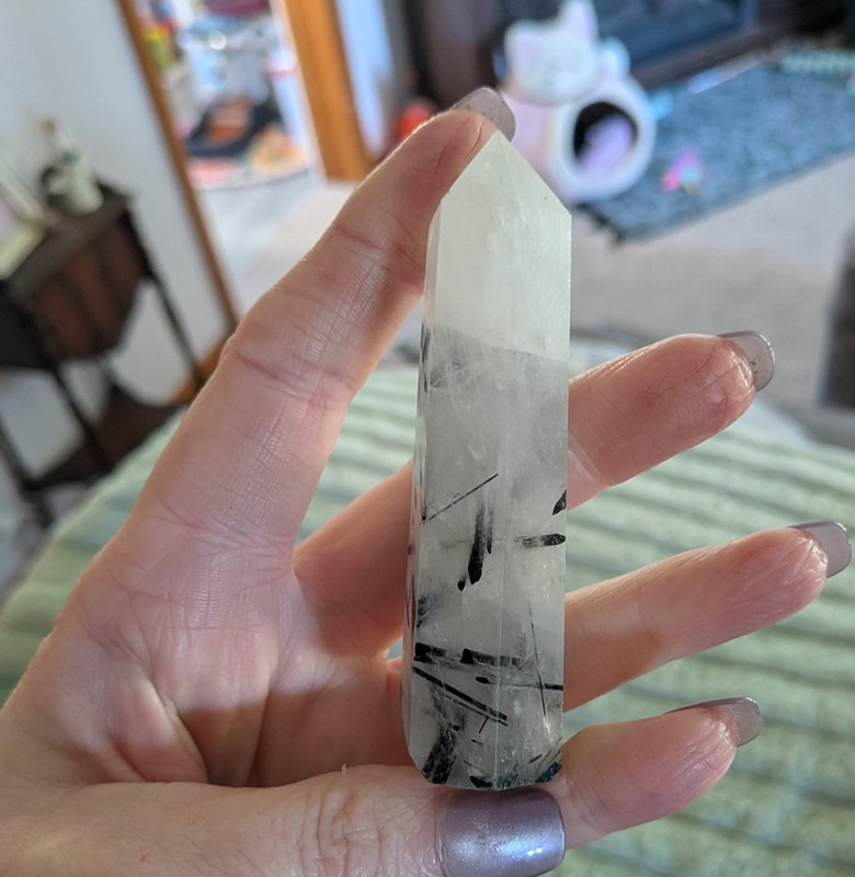Tourmalinated Quartz Crystal Point Wand Obelisk Clear Polished Black Needles