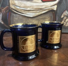 Vintage B&O Railroad Cobalt Blue Glass Mugs Gold Rim Set of 2 Made in USA