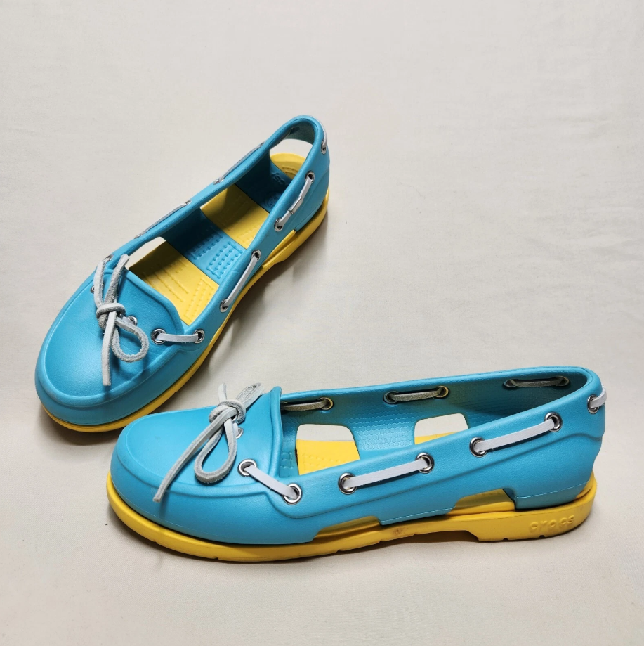 Crocs Womens Size 6 Boat Loafers Slip On Shoes in Yellow Aqua Beach Line-image