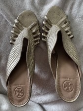 Tory Burch Brida Metallic Leather Gold Peep Toe Mules Size 10.5 MSRP 350