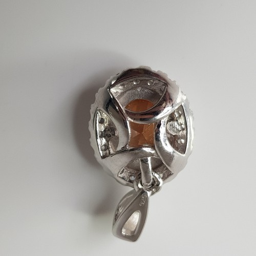 Sterling Silver 925 Designer Peach Amber CZ Gemstone Pave Set Oval Pendant - Picture 16 of 21